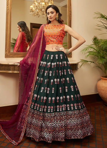 Elegant Look Bottle Green Georgette Lehenga With Gota Patti Work